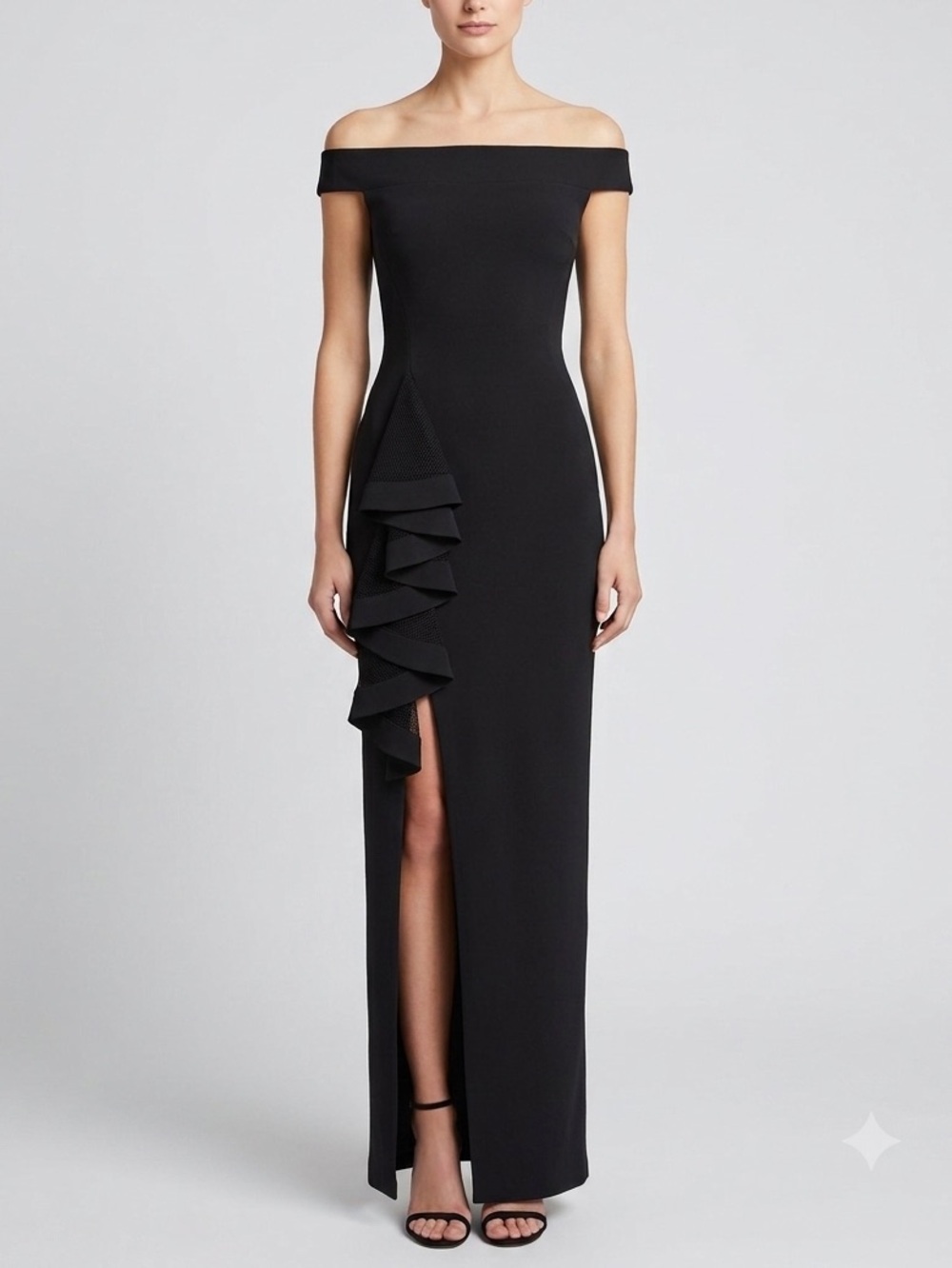 Chiara Boni Black Off the Shoulder Gown Maxi Dress Ruffle Leg Slit Size 44 US 8